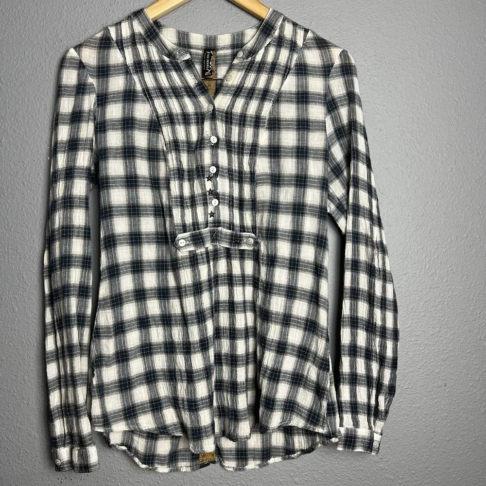 Free People Tunic XS Black‎ Cotton Plaid Country Chic Preppy Shirt Button Blue